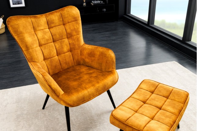 Fauteuil Scandinavia velours moutarde avec accoudoirs