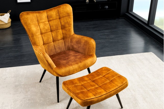 Tabouret SCANDINAVIA velours jaune moutarde 40cm