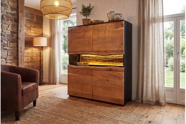Highboard GRAND ACACIA 120cm - Buffet haut LED bois massif