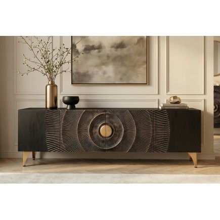 Meuble TV Golden Sunset 180 cm — Manguier massif sculpté 3D, noir doré | Elsines 2