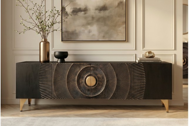 Meuble TV Golden Sunset 180 cm — Manguier massif sculpté 3D, noir doré | Elsines