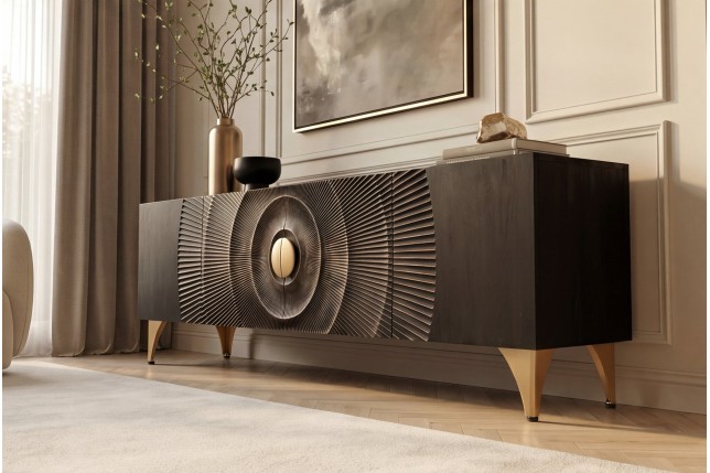 Meuble TV Golden Sunset 180 cm — Manguier massif sculpté 3D, noir doré | Elsines
