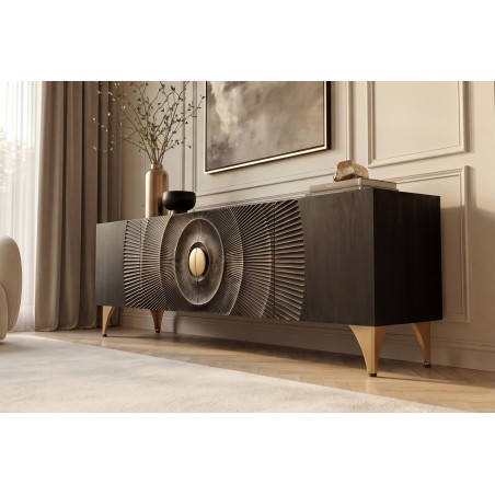 Meuble TV Golden Sunset 180 cm — Manguier massif sculpté 3D, noir doré | Elsines