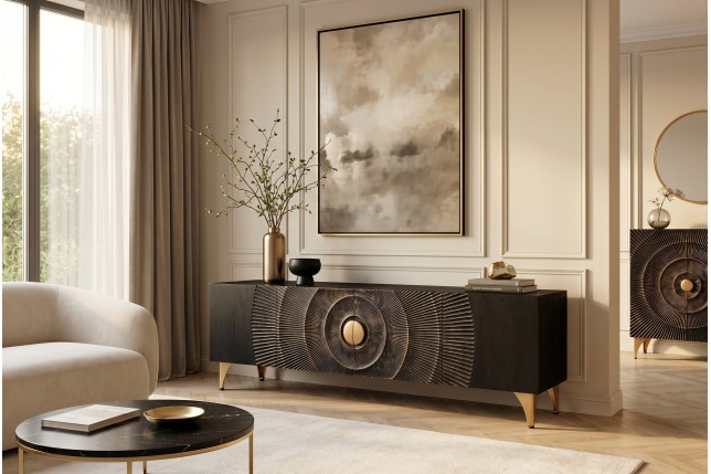 Meuble TV Golden Sunset 180 cm — Manguier massif sculpté 3D, noir doré | Elsines