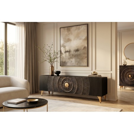 Meuble TV Golden Sunset 180 cm — Manguier massif sculpté 3D, noir doré | Elsines