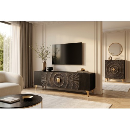 Meuble TV Golden Sunset 180 cm — Manguier massif sculpté 3D, noir doré | Elsines