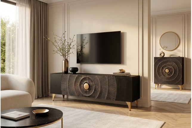 Meuble TV Golden Sunset 180 cm — Manguier massif sculpté 3D, noir doré | Elsines