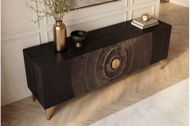 Meuble TV Golden Sunset 180 cm — Manguier massif sculpté 3D, noir doré | Elsines