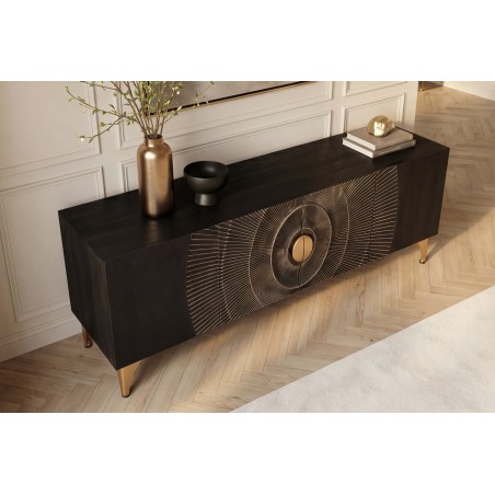 Meuble TV Golden Sunset 180 cm — Manguier massif sculpté 3D, noir doré | Elsines