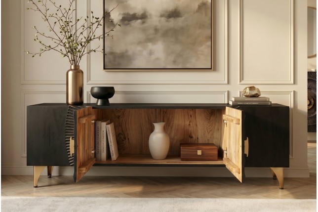 Meuble TV Golden Sunset 180 cm — Manguier massif sculpté 3D, noir doré | Elsines