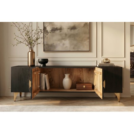 Meuble TV Golden Sunset 180 cm — Manguier massif sculpté 3D, noir doré | Elsines