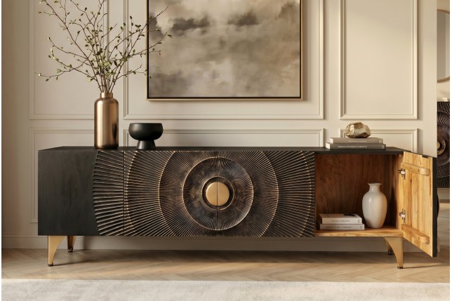 Meuble TV Golden Sunset 180 cm — Manguier massif sculpté 3D, noir doré | Elsines