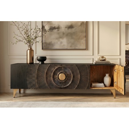 Meuble TV Golden Sunset 180 cm — Manguier massif sculpté 3D, noir doré | Elsines