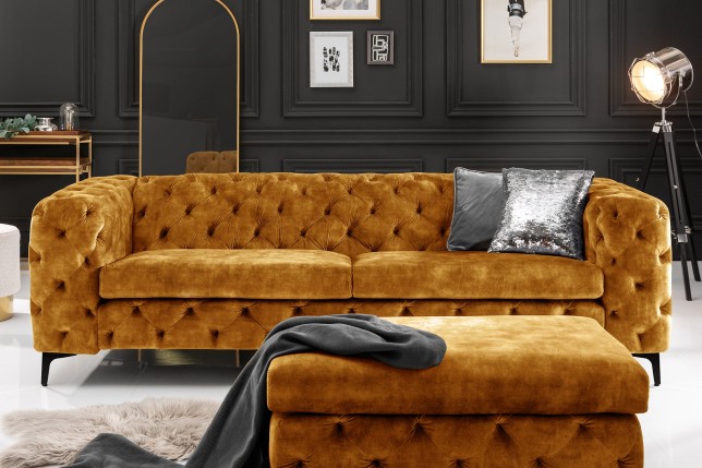Tabouret Chesterfield Velours Jaune Moutarde - Modern Barock