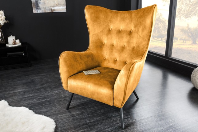 Fauteuil AMSTERDAM velours moutarde pieds métal noir