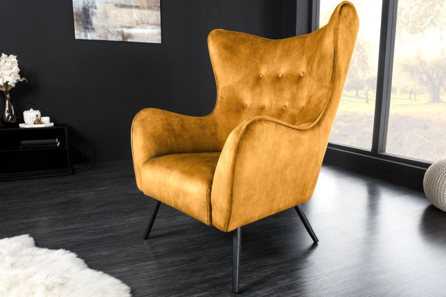 Fauteuil AMSTERDAM velours moutarde pieds métal noir