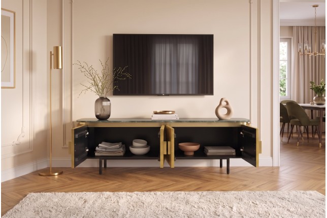 Meuble TV VENEZIANO 160cm manguier et marbre vert