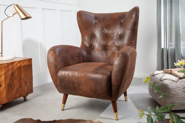 Fauteuil Wing DON microfibre marron antique, capuchons dorés