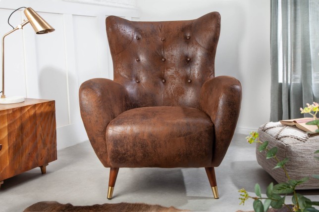 Fauteuil Wing DON microfibre marron antique, capuchons dorés