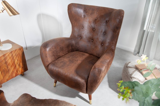 Fauteuil Wing DON microfibre marron antique, capuchons dorés