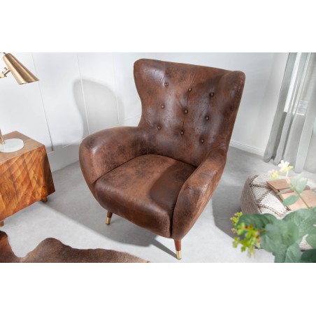 Fauteuil Wing DON microfibre marron antique, capuchons dorés