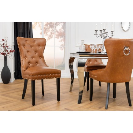 Chaise CASTLE Chesterfield simili cuir cognac brown - Lot de 2