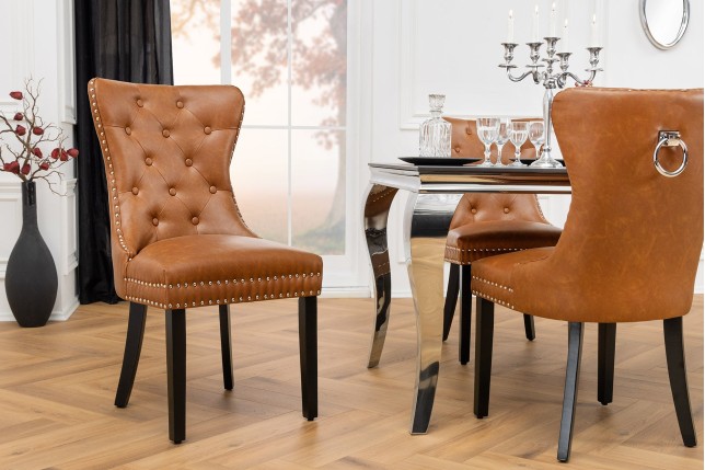 Chaise CASTLE Chesterfield simili cuir cognac brown - Lot de 2