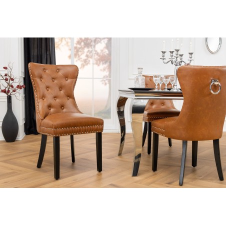 Chaise CASTLE Chesterfield simili cuir cognac brown - Lot de 2