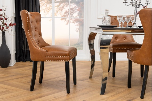 Chaise CASTLE Chesterfield simili cuir cognac brown - Lot de 2