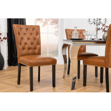 Chaise CASTLE Chesterfield similicuir cognac brun - Lot de 2