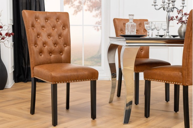 Chaise CASTLE Chesterfield similicuir cognac brun - Lot de 2