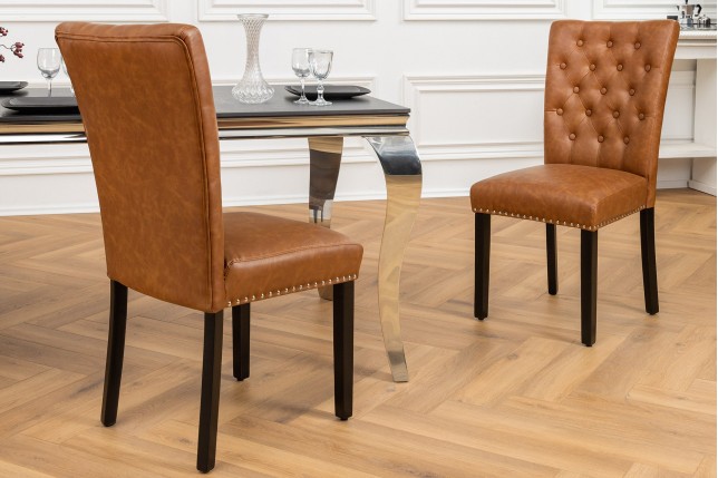 Chaise CASTLE Chesterfield similicuir cognac brun - Lot de 2