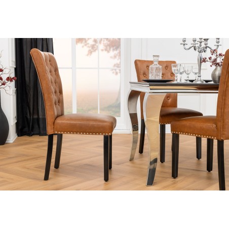 Chaise CASTLE Chesterfield similicuir cognac brun - Lot de 2
