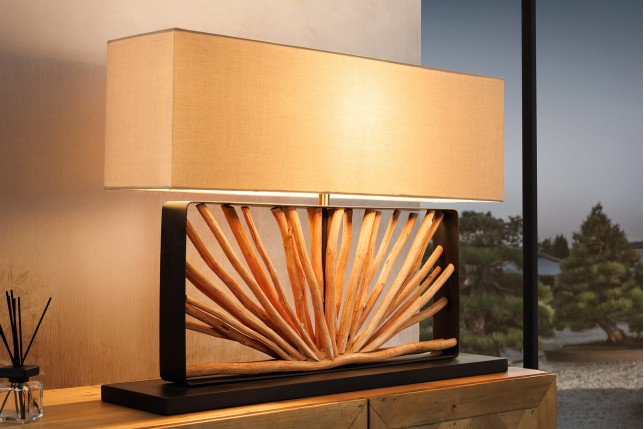 Lampe de table EUPHORIA 80cm beige et bois de longane