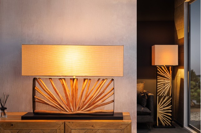 Lampe de table EUPHORIA 80cm beige et bois de longane