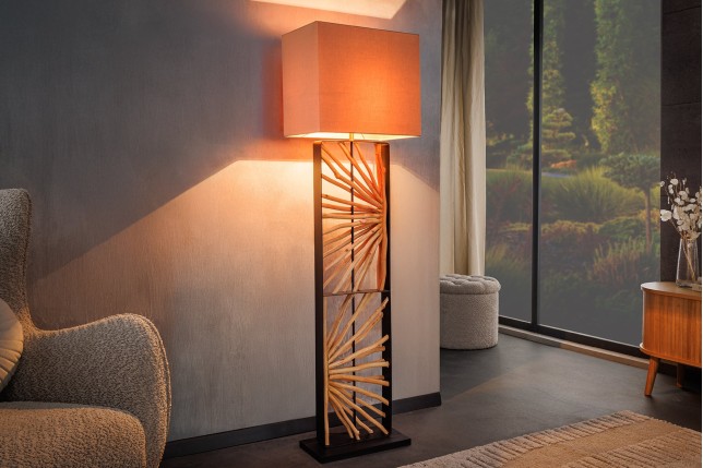 Lampadaire EUPHORIA 165cm bois de longane et abat-jour beige