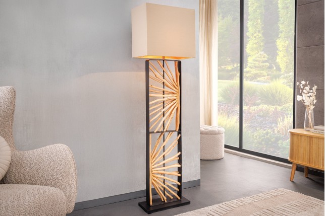 Lampadaire EUPHORIA 165cm bois de longane et abat-jour beige