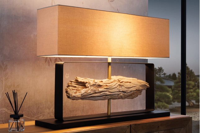 Lampe de table ROUSILIQUE teck naturel abat-jour beige