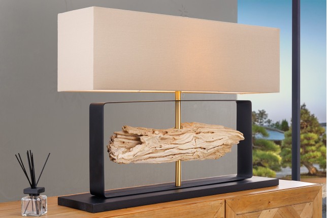 Lampe de table ROUSILIQUE teck naturel abat-jour beige