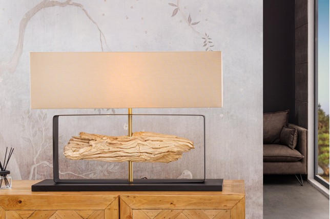 Lampe de table ROUSILIQUE teck naturel abat-jour beige