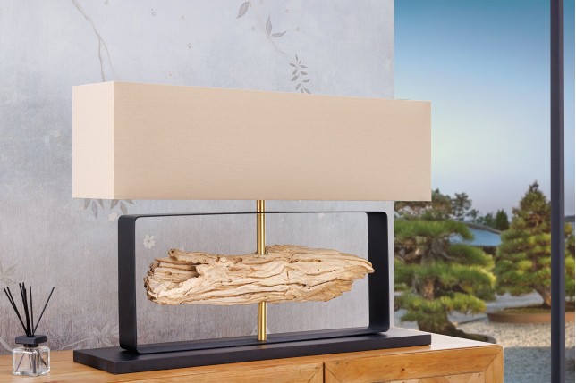 Lampe de table ROUSILIQUE teck naturel abat-jour beige