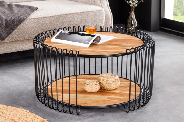 Table basse ronde acacia massif et métal noir TRUE ELEMENTS