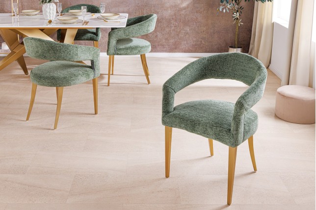 Chaise BOUTIQUE tissu vert texturé pieds champagne doré