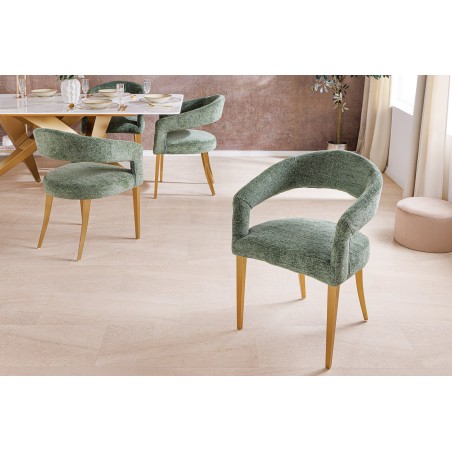 Chaise BOUTIQUE tissu vert texturé pieds champagne doré