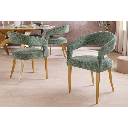 Chaise BOUTIQUE tissu vert texturé pieds champagne doré 2