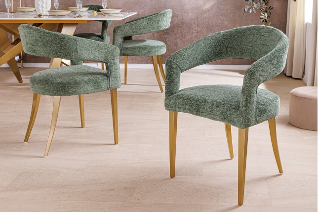 Chaise BOUTIQUE tissu vert texturé pieds champagne doré