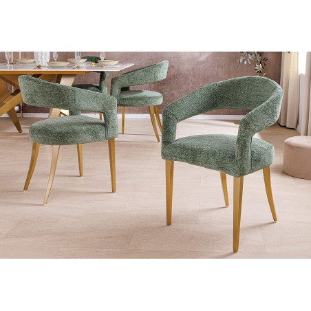 Chaise BOUTIQUE tissu vert texturé pieds champagne doré