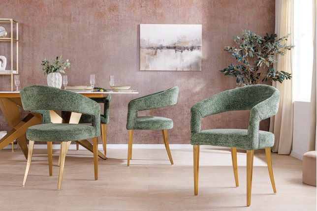 Chaise BOUTIQUE tissu vert texturé pieds champagne doré