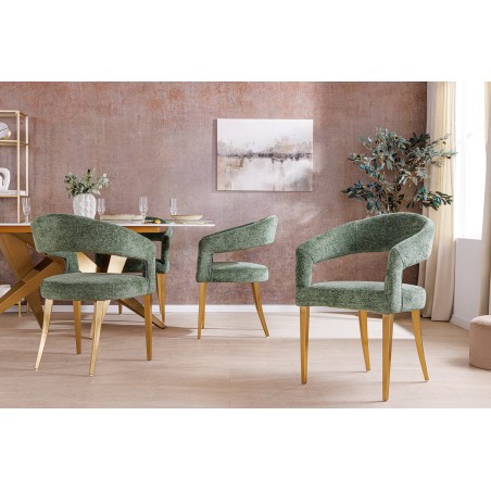 Chaise BOUTIQUE tissu vert texturé pieds champagne doré