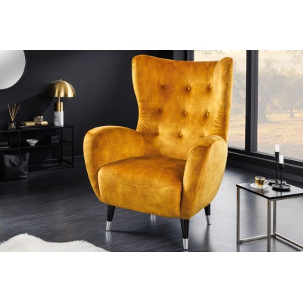 Fauteuil bergère DON velours moutarde et embouts argentés